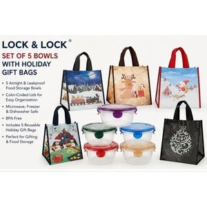 Lock & Lock 10pc Holiday Set 5 Bowls 3.5 Cup with 5 Festive Gift Bags K45728 NEW